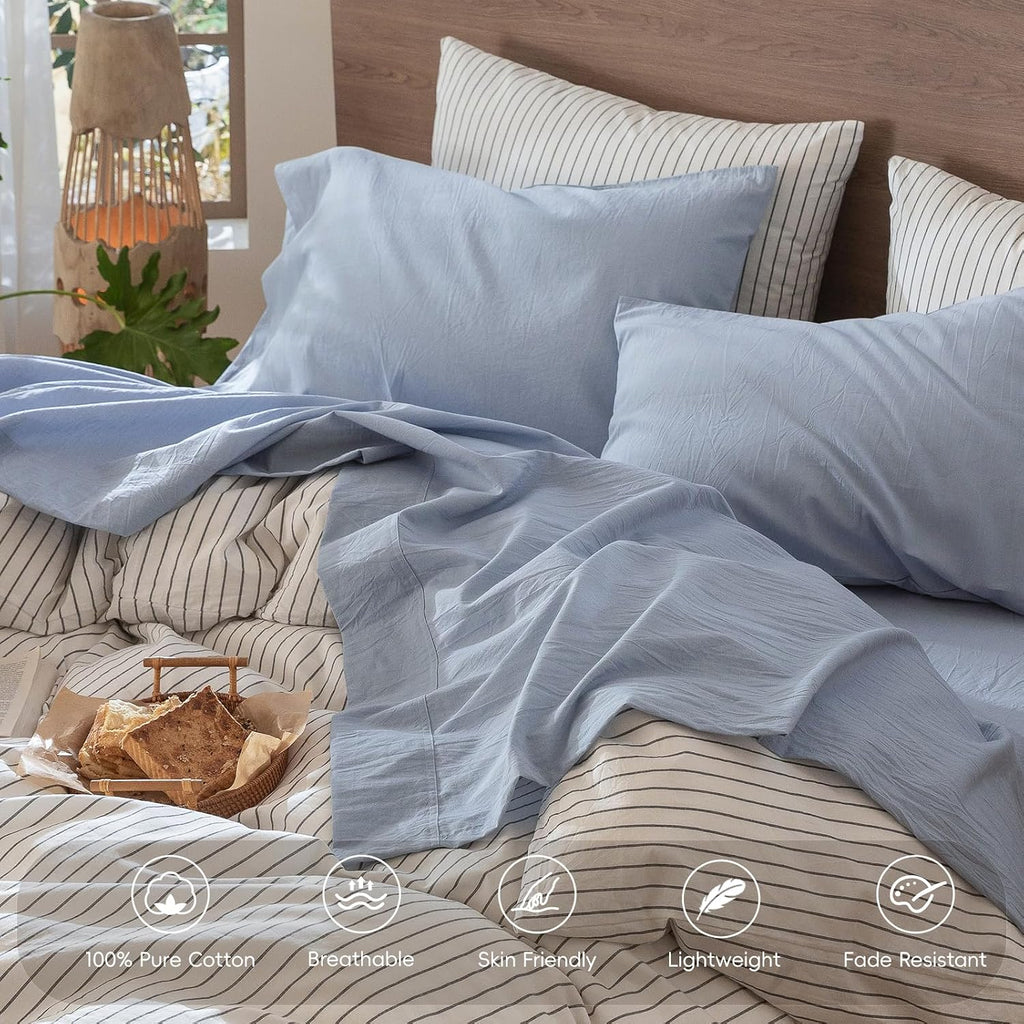 MooMee Sheet Set 100% Washed Cotton Linen-Like Extra Deep Pocket Queen