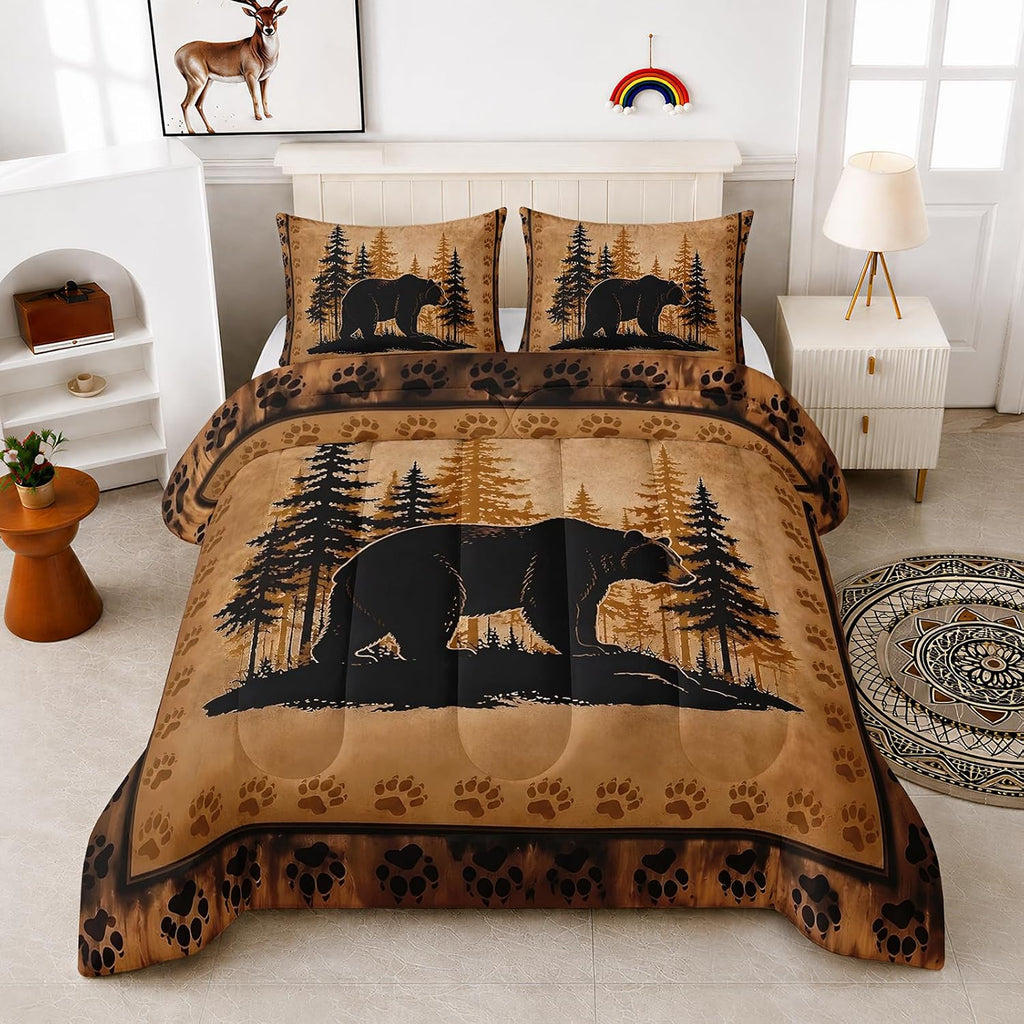 Rustic Bear Forest Comforter Set Twin for Kids with 2 Pillowcases.