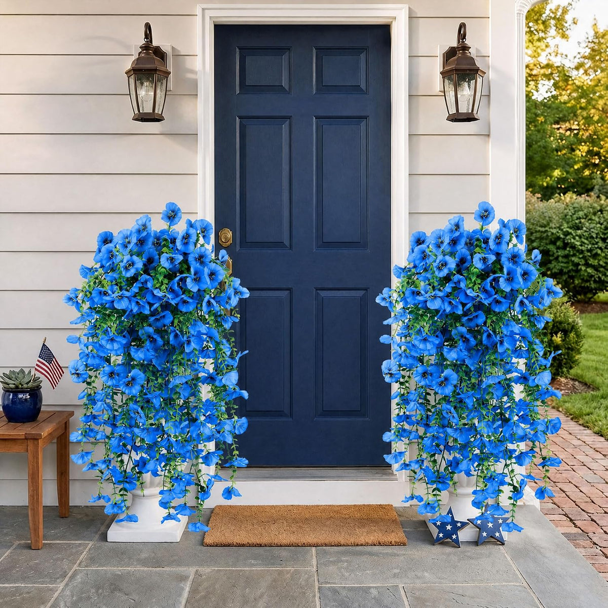 6 PCS Artificial Hanging Pansy Flowers, 30 Inch Blue Cascading Vines UV Resistant Artificial Flowers for Outdoors, Faux Hanging Plants for Farmhouse Porch Garden Window Box Patio Decor