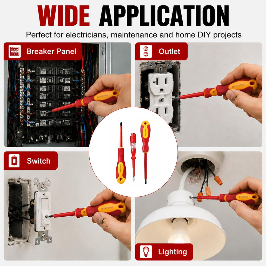 Insulated Screwdriver Set, Electrician Screwdriver Set with Voltage Tester Pen, Forged Chrome Vanadium Steel Electrical Screwdriver for Breaker Panel, Outlet, Switch & Home Electrical Repair（3pcs）