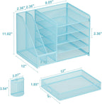 Marbrasse Desk Organizer with File Holder, 5-Tier Paper Letter Tray Organizer with Drawer and 2 Pen Holder, Mesh Desktop Organizer and Storage with Magazine Holder for Office Supplies(Blue)