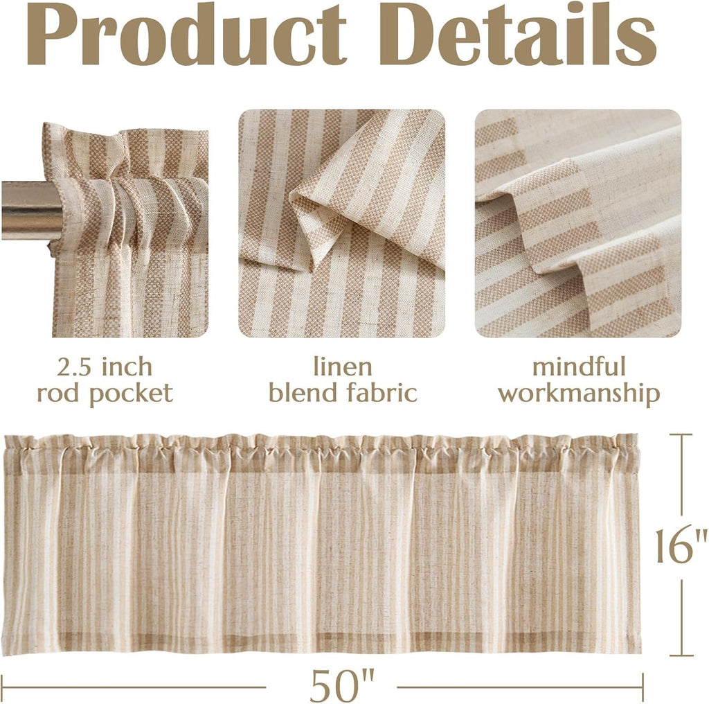 jinchan Linen Boxter Stripe Valances for Window 50 x 16 inch, Tan,1 Panel