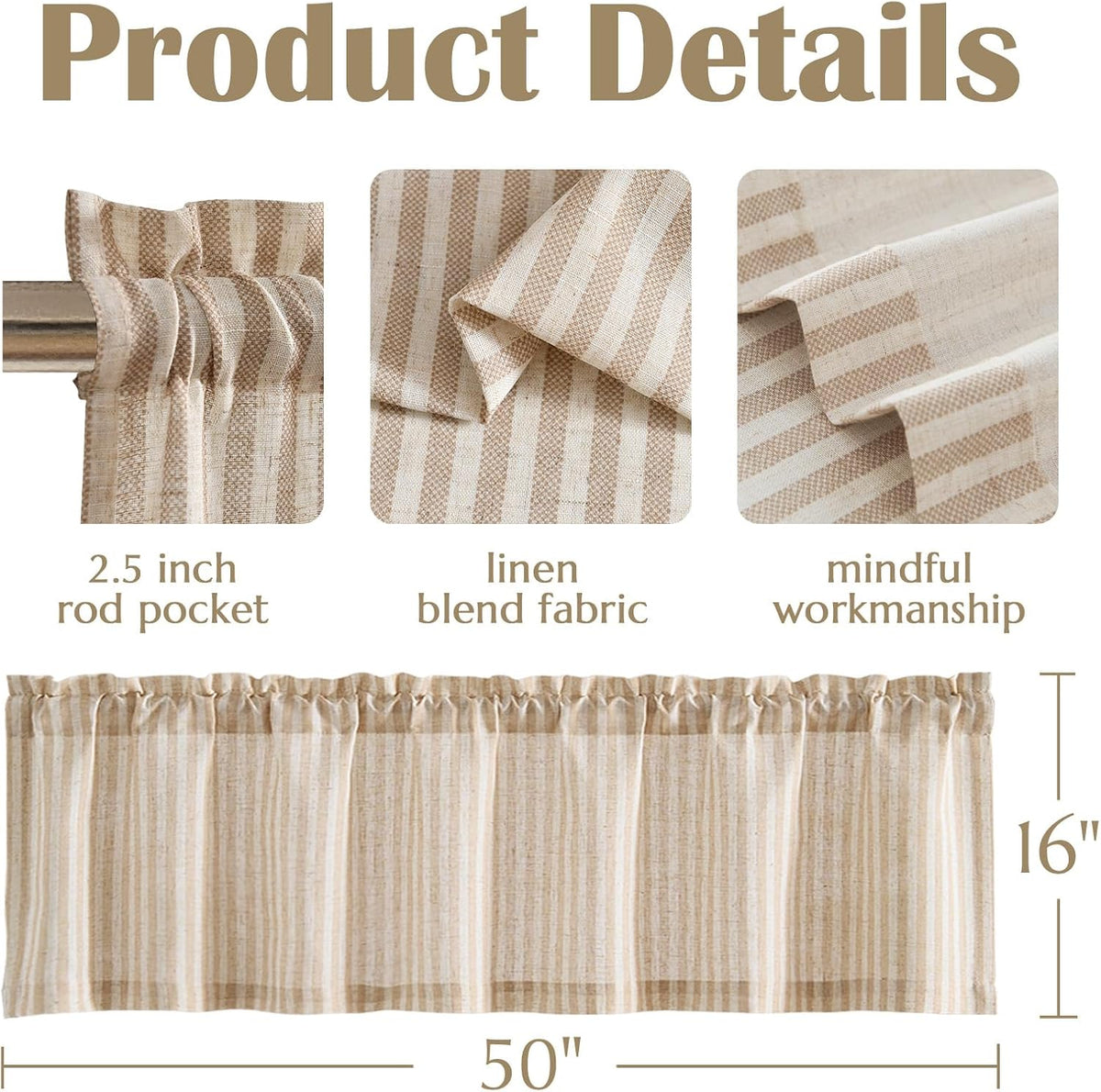 jinchan Linen Boxter Stripe Valances for Window 50 x 16 inch, Tan,1 Panel