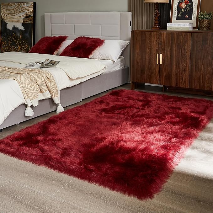 AMTOVO Faux Fur Sheepskin Rug for Living Room, 4 x 6 ft Burgundy Fluffy Area - Image 5