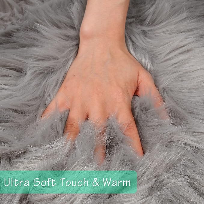 duduta Grey Faux Sheepskin Fur Rug 3x5 ft, Fluffy Shag Bedroom Dorm Nursery - Image 3