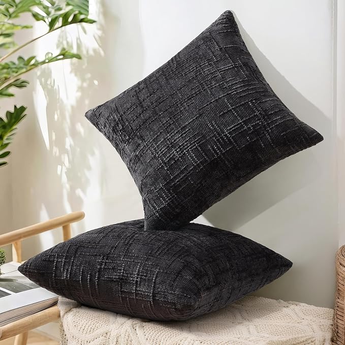 decorUhome Black Chenille Throw Pillow Covers 16x16 Set of 2 Textured Soft Cozy - Image 7