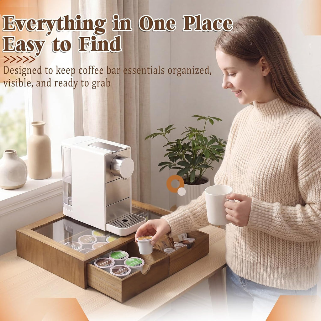 Wooden Coffee Pods Organizer Storage Box with Acrylic Lid, Natural