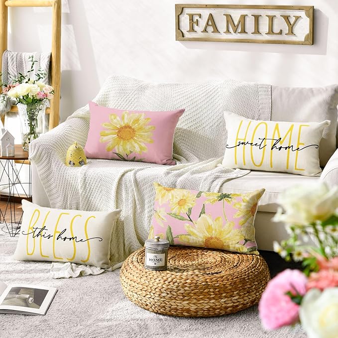 AVOIN colorlife Home Sweet Home Spring Summer Flowers Pink Throw Pillow Covers - Image 2