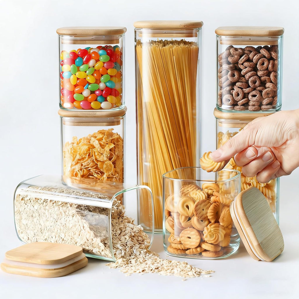 7 Pack Square Glass Storage Containers with Lids, Multi-Size Canisters Sets for the Kitchen & Pantry food storage jar – Ideal for Storing Pasta, Cereal, Flour, Sugar, Nuts, Coffee Beans & More