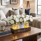 3 Pcs Mason Jar Table Centerpieces for Dining Room with Wood Tray&Led Light