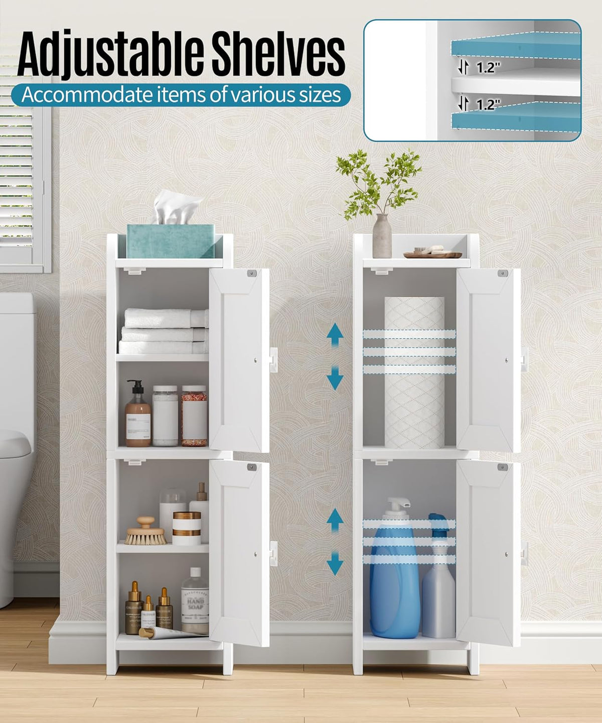 Akxomel Rattan Small Bathroom Cabinet Narrow Toilet Paper Organizer White