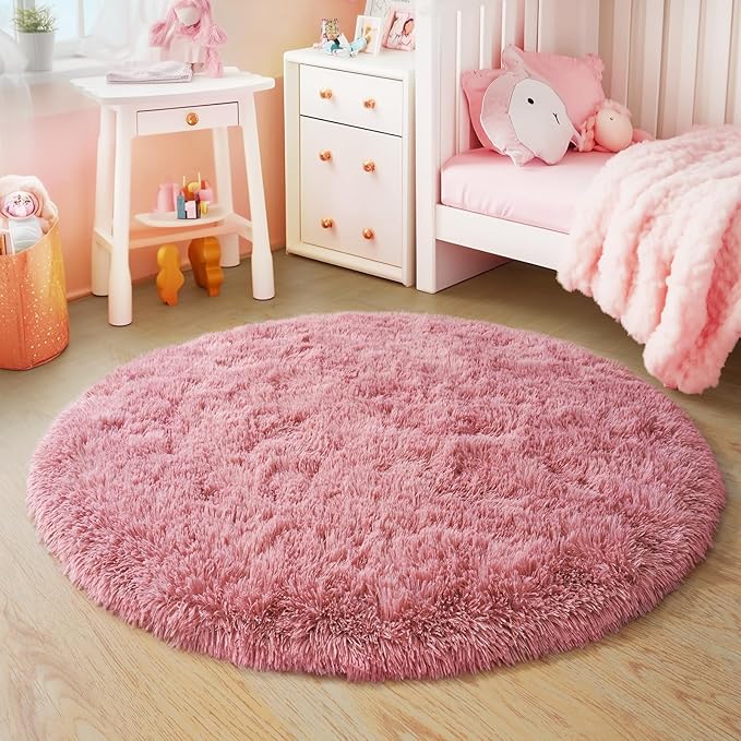 3'x3' Blush Round Rugs for Girls Bedroom, Ultra Soft Fluffy Circle Rug for Kids - Image 4