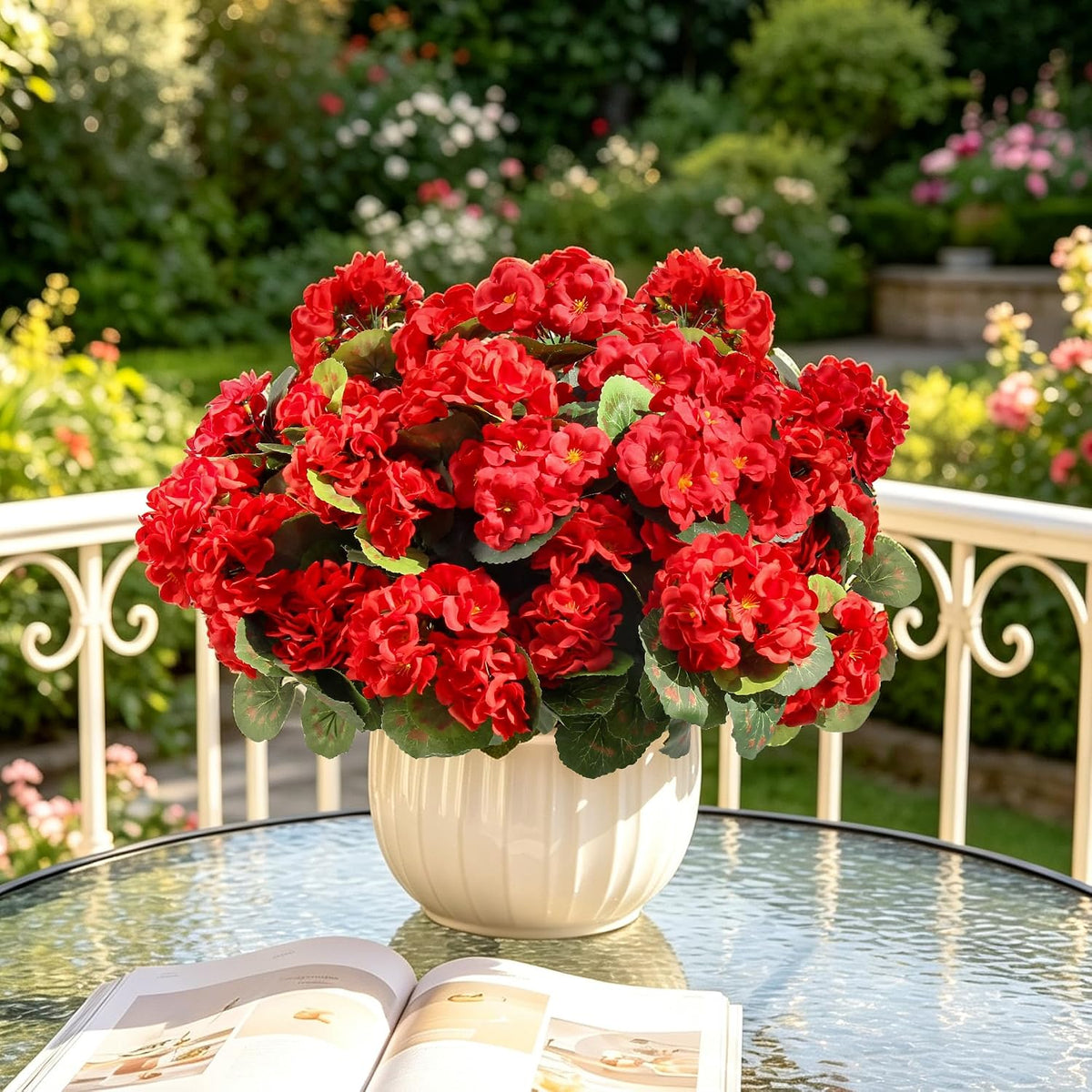 Artificial Geraniums Fake Flowers for Outdoors, 8PCS Red