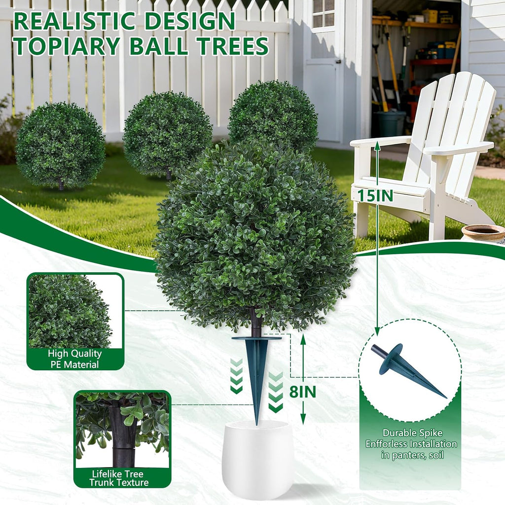 Grooy Artificial 2 Pack Boxwood Topiary Plant with Spike for Outdoor