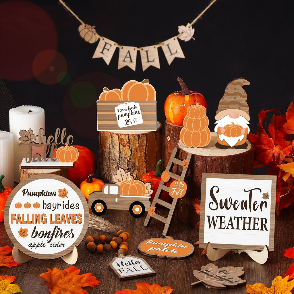 Maitys 21 Pcs Fall Tiered Tray Decor Set Hello Fall Pumpkin Gnome Truck Wood Sign Rustic Farmhouse Thanksgiving Wood Bead Decorative Tabletop Sign for Home Autumn Thanksgiving Harvest Table Shelf