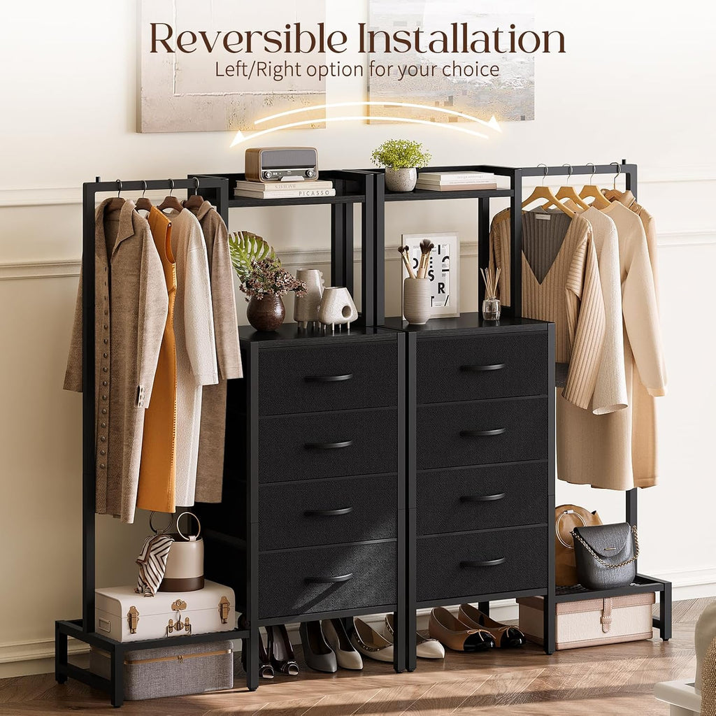 Yoobure Black Dresser with Hanging Rack - Small Closet with 4 Fabric Storage Drawers, 44" H Dresser with Clothes Rack, Chest of Drawer, Kids Dressers for Bedroom, Dorm, Living Room, Sturdy Frame