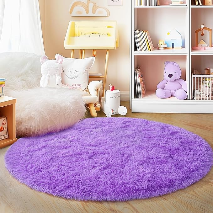 3'x3' Purple Round Rug for Bedroom, Ultra Soft Fluffy Circle Rug for Kids Girls - Image 2