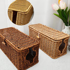 Wicker Cable Management Box, 2 Pack Large & Small Cable Organizer Box, Faux Rattan Hand-Woven Desk Organizer with 10 Cord Clips and 10 Ties, for Home Office and Charging Station
