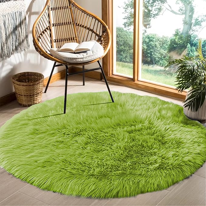 Goolela Lime Green Circle Rug 6ft Fluffy Fuzzy Round Faux Fur Sheepskin Carpet - Image 2