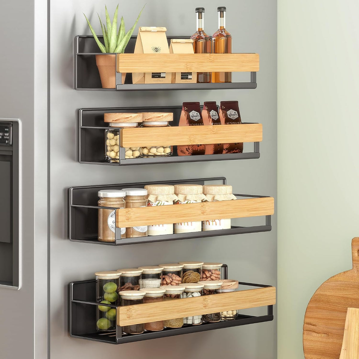 SONGMICS 4-Pack Strong Magnetic Real Bamboo Spice Racks for Fridge