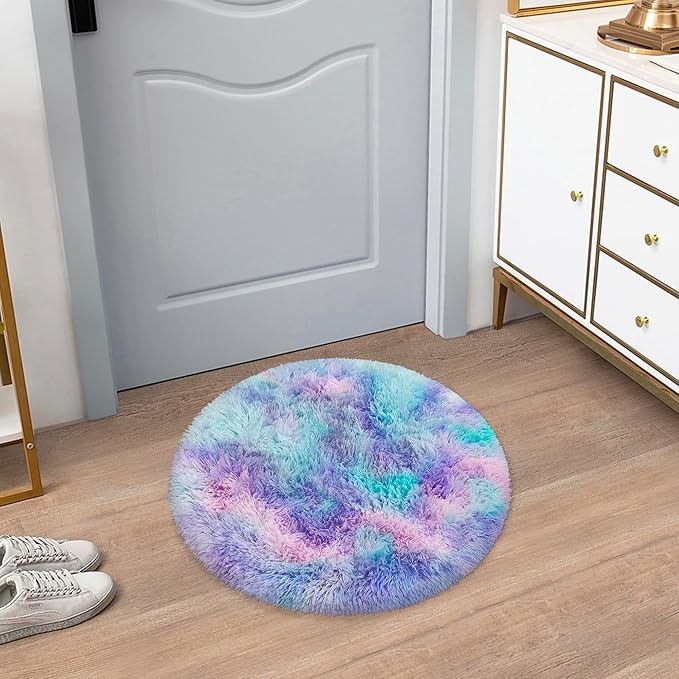 Tie Dye Rainbow Round Rugs Small 2x2 ft Fluffy Circle Rug Furry Carpet Shaggy - Image 6