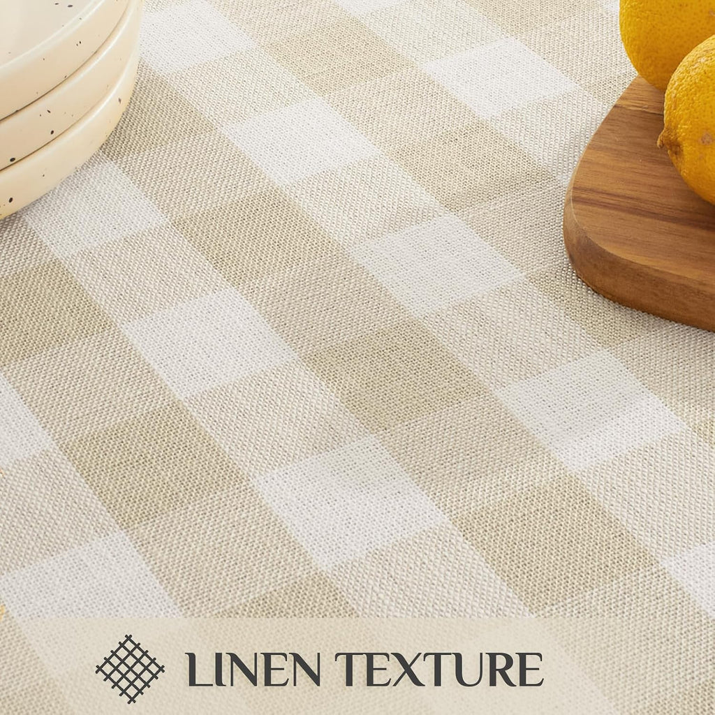 Softalker Gingham Rectangle Tablecloth with Tassel, Beige Cream, 55" x 84"
