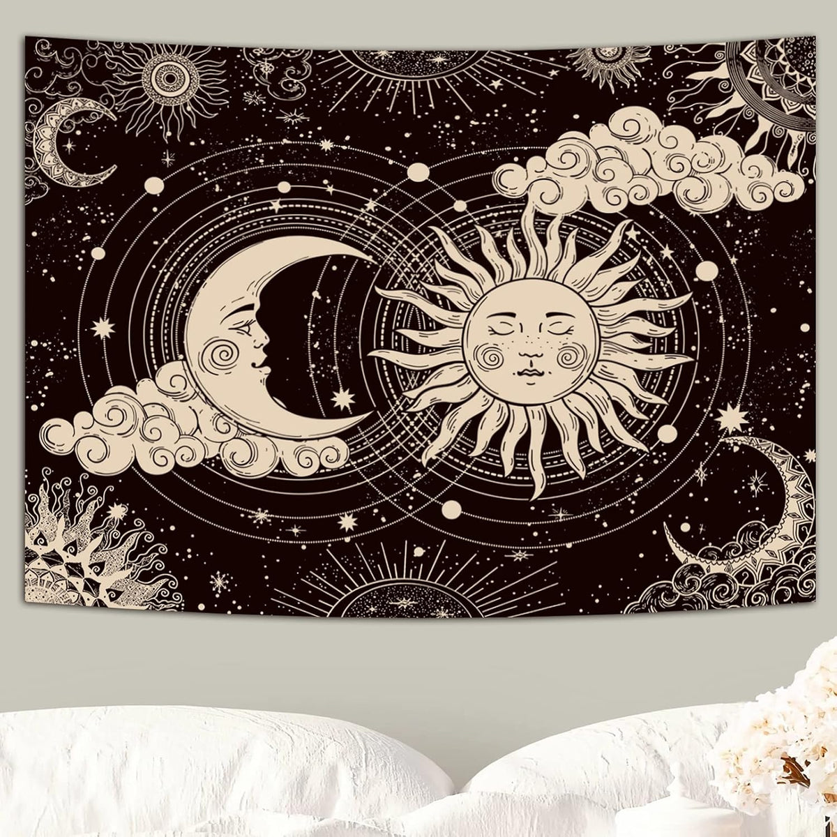 Wonrizon Sun and Moon Tapestry, Aesthetic Black Dark Spiritual Tapestries Mystic Burning Sun with Clouds Star Wall Hanging decor for Bedroom (59.1" x 82.7")