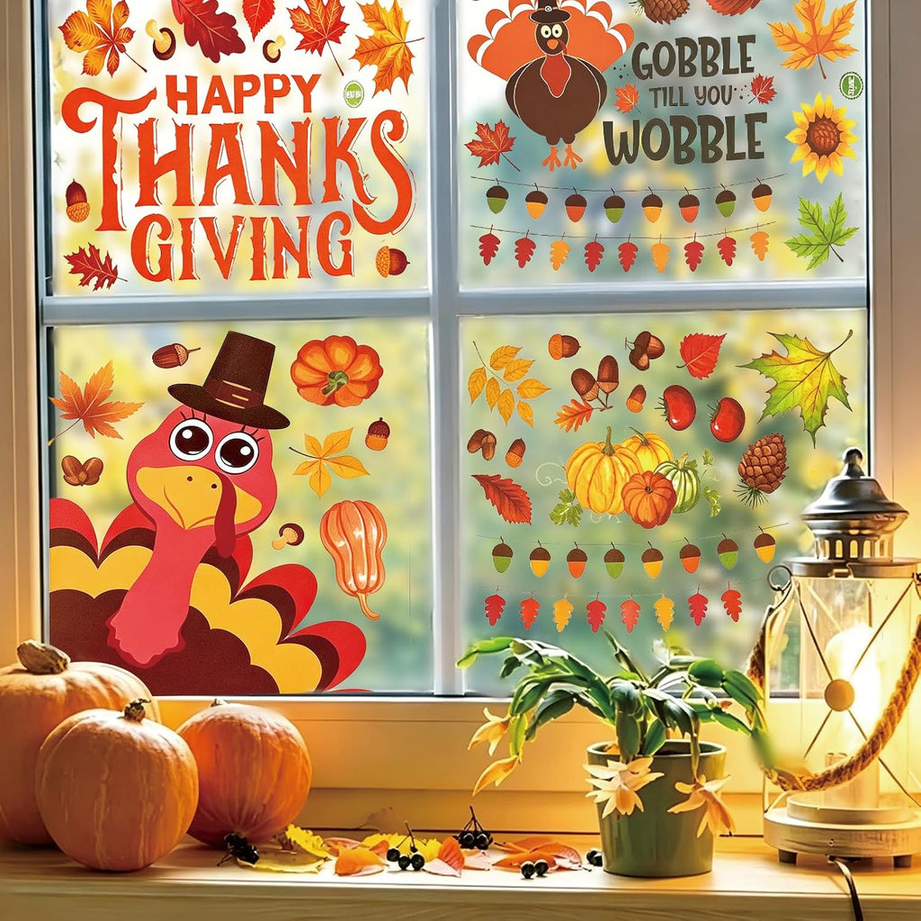 24 Sheets Halloween Thanksgiving Christmas Winter Window Clings Decals Ghost Pumpkin Turkey Santa Claus Snowman Stickers Decor for Indoor Holiday Party Decorations Favors School Home Store Glass Door