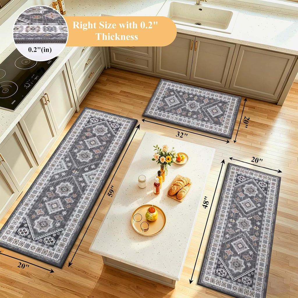 HEBE Boho Kitchen Rugs Set of 3, Non Slip Washable Kitchen Mats for Floor