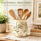 Large Green Floral Ceramic Utensil Holder for Kitchen Counter Utensil Crock
