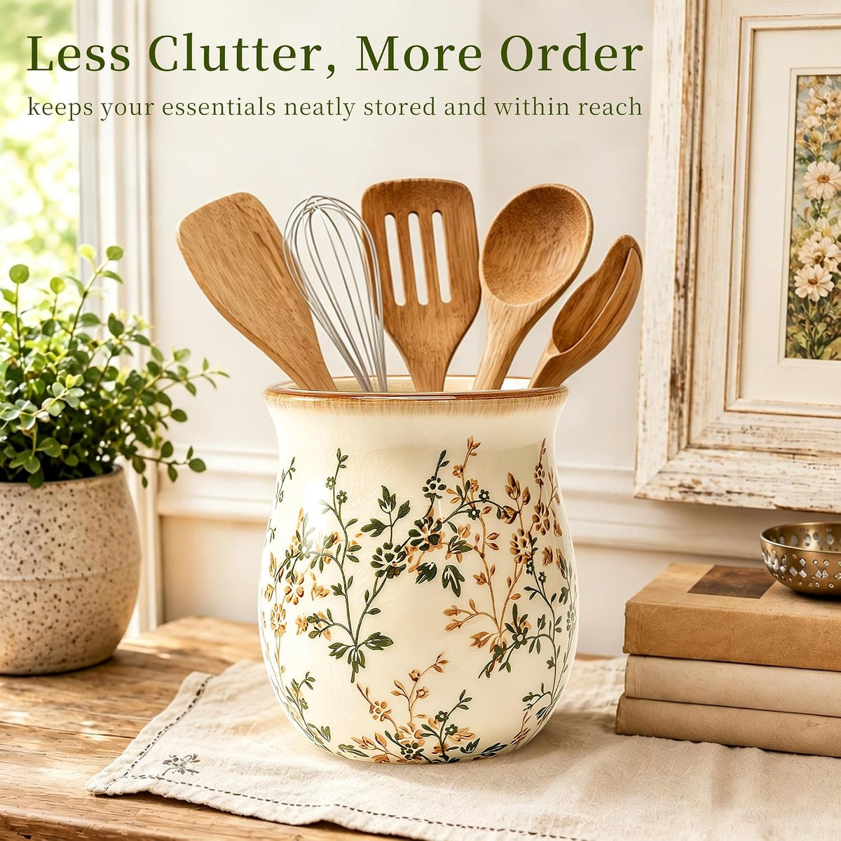 Large Green Floral Ceramic Utensil Holder for Kitchen Counter Utensil Crock