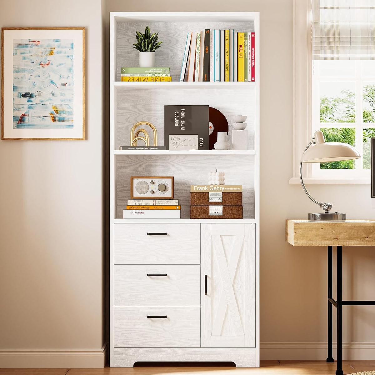 IRONCK 71 in Bookcase with Storage, Industrial Tall Bookshelf with Drawers