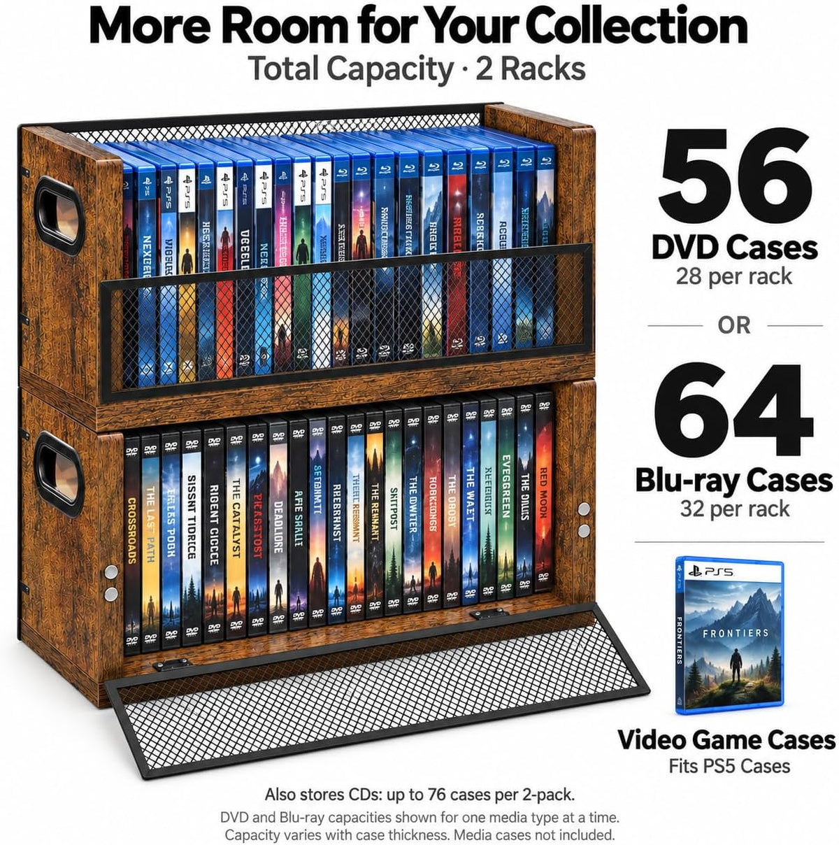 DVD Storage Rack 2 Pack, Stackable Media Shelf with Magnetic Door