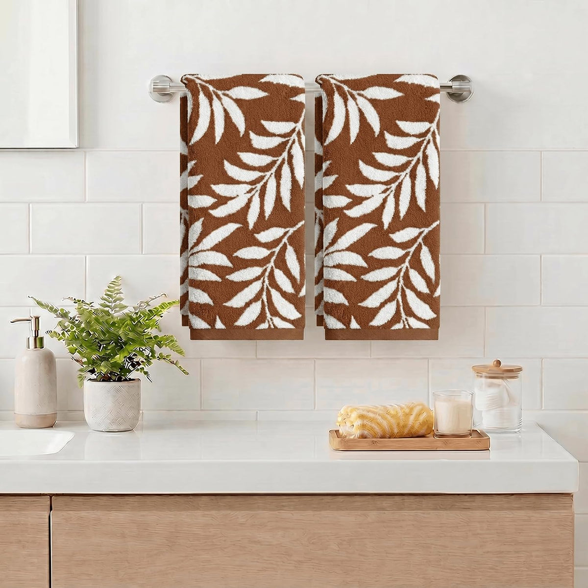Artoid Mode 2 Pcs Beige Caramel Leaves Jacquard Hand Towels for Bathroom, 100% Cotton Soft Absorbent Bathroom Decor Towels, 13.7 x 29.5 Inch