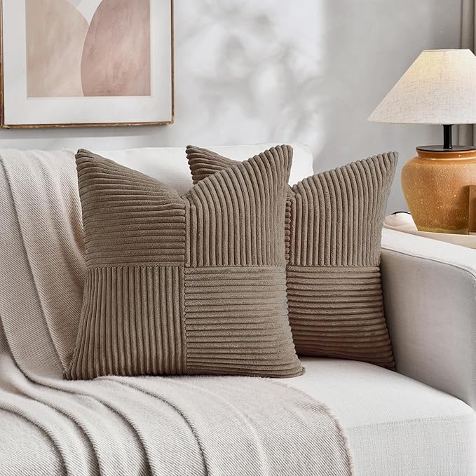 Fancy Homi Set of 2, Light Brown Patchwork Corduroy Decorative Soft Striped - Image 5