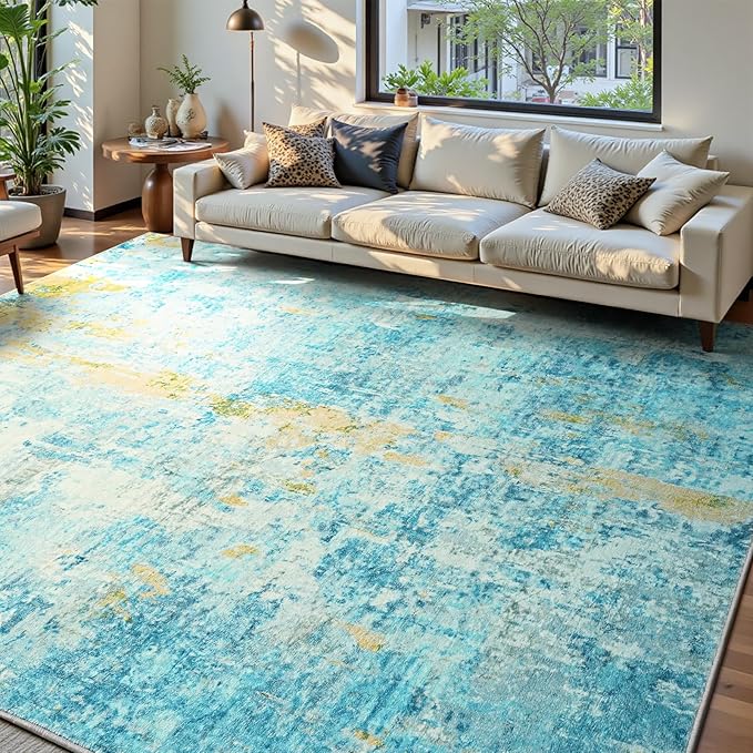Ompaa Living Room Rug 6x9 Teal Blue Area Rug Machine Washable Boho Rug Non Slip by OmpaaHomeDecor