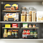 2 Set XL Stackable Wire Basket with Bamboo Tops & Tags- Pantry Organizer and Storage Bins, Kitchen Counter Cabinet Shelf Countertop Under Sink Organizing, Food Snack Produce Onion Potato Bread Storage