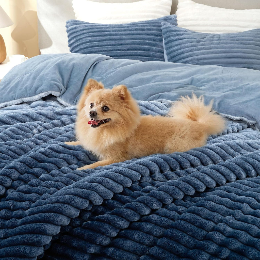 BEDELITE Fleece Queen Comforter Set, Fluffy Bed Set, Blue Ombre