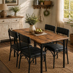 5-Piece Dining Table Set for 4, Small Farmhouse Kitchen Table with 4 Upholstered Chairs, Modern Wood & Metal Dining Room Furniture for Apartment Small Spaces, Retro Brown