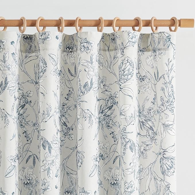 jinchan Floral Curtains 96 Inches Long Blue Flower Linen Farmhouse Curtain by JINCHAN
