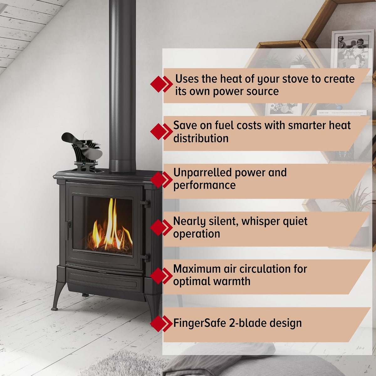 Ecofan BelAir Heat Powered Stove Fan - Powerful Design, Low Start Temperature Technology, Perfect for Gas, Pellet & Soapstone Stoves, 140 CFM - Circulates Warm Air Efficiently & Reduces Fuel Cost