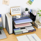Desk Organizer, 4-Tier Desktop File Organizer with Drawer and Pen Holders, Office Desk Accessories, File Sorters, Workspace Organizers for Office Supplies(Black)