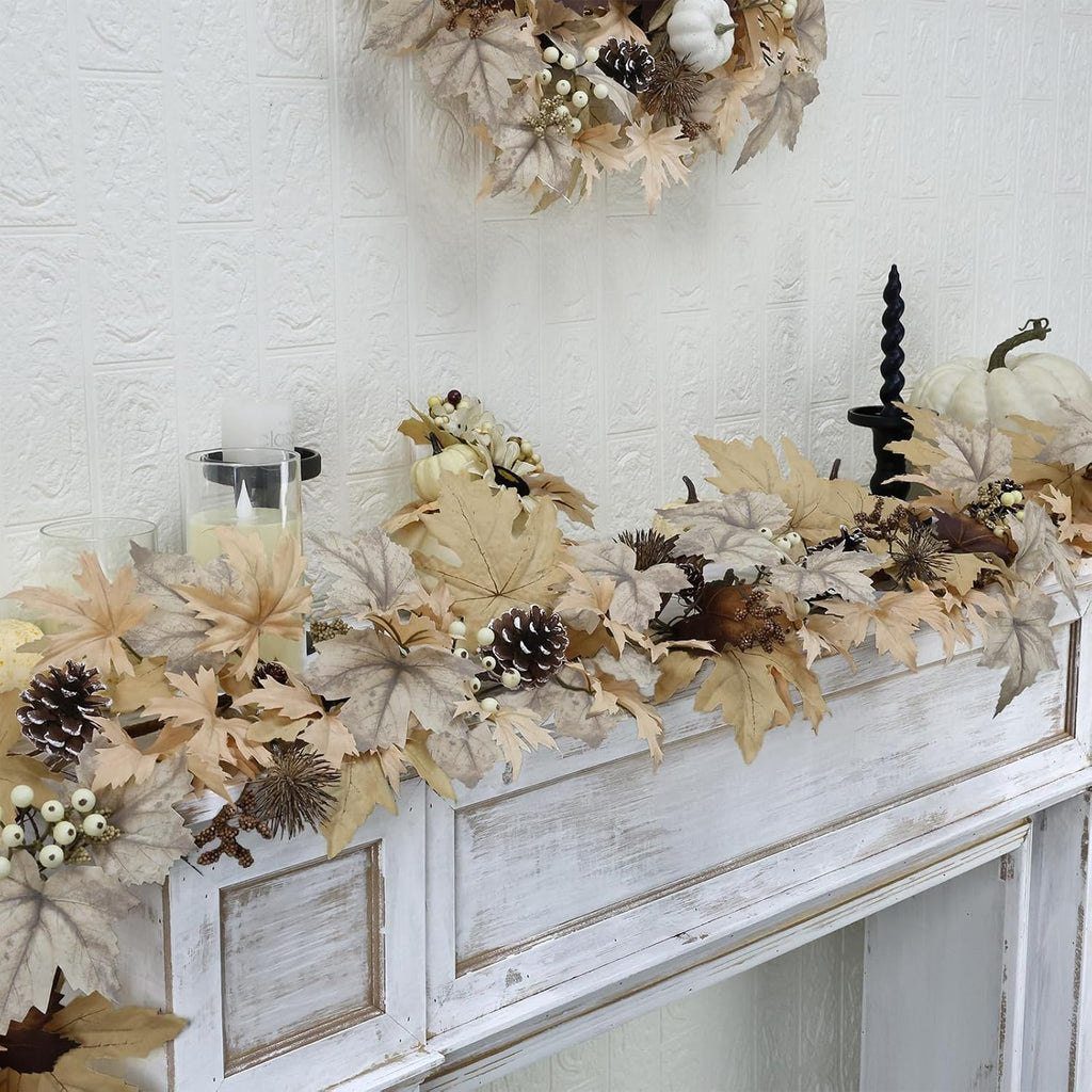Realistic Fall Garland with Lights, 6 FT Real Touch Feel Leaves Garland with Berries Pine Cones, Fall Decorations for Home Thanksgiving Halloween Decorations Indoor Farmhouse Porch Fireplace