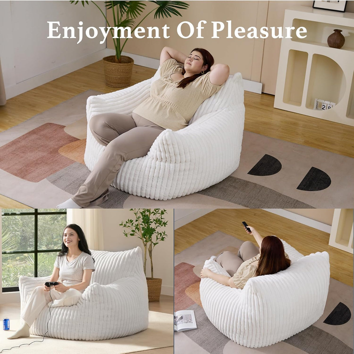 Giant Plush Bean Bag Chair for Adults with Armrests - Oversized Comfy Beige Beanbag Lounge Lazy Floor Sofa Accent Chair for Living Room, Bedroom & Dorm, Cozy Fluffy Single Cloud Mini Couch