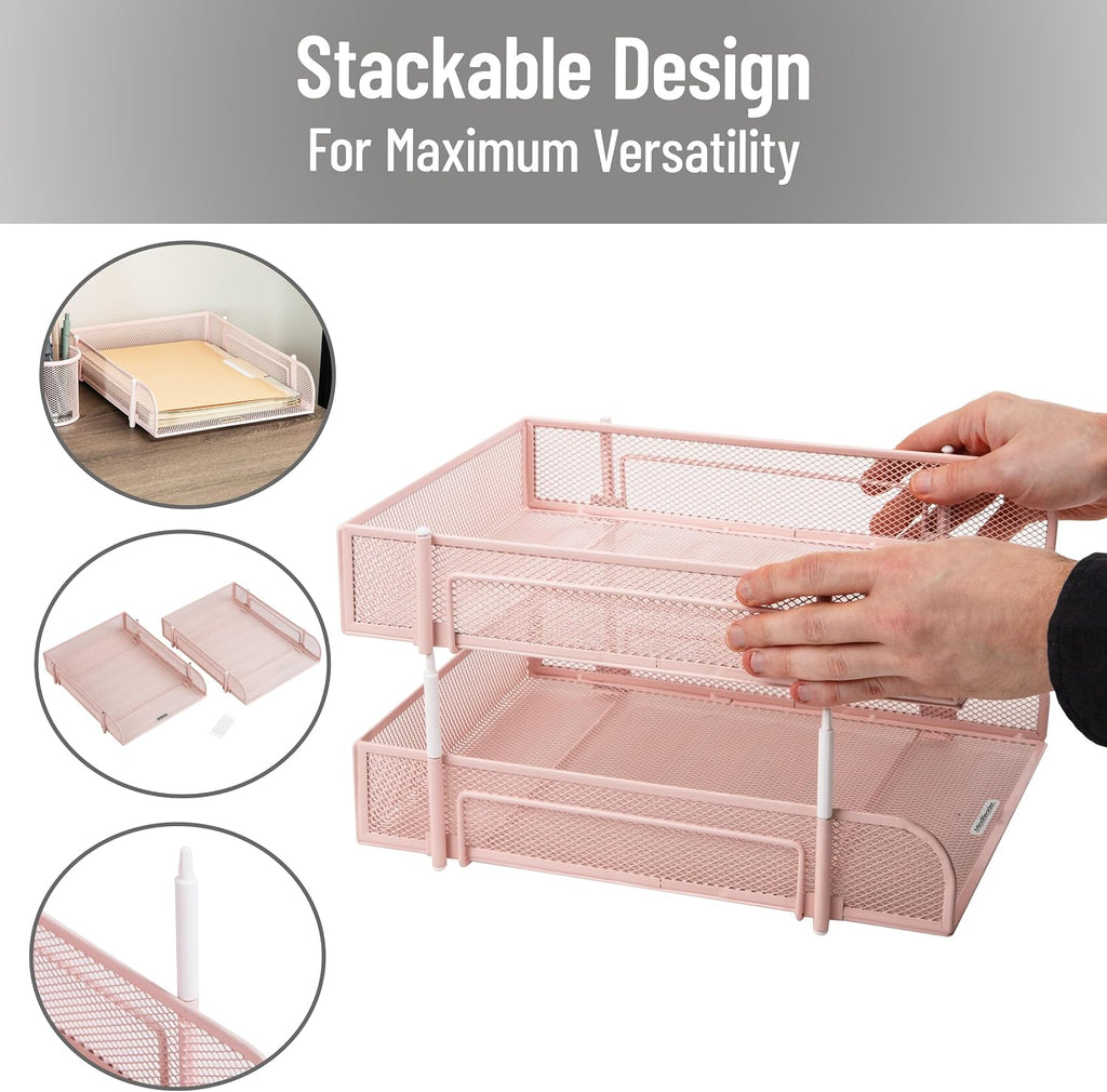 Mind Reader Stackable Paper Tray, Desktop Organizer, File Storage, Office, Metal Mesh, 2 Pcs, Pink