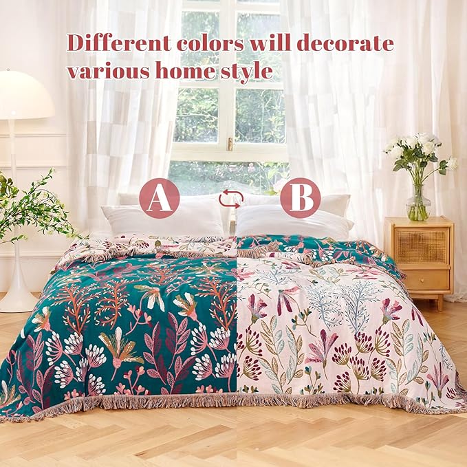 MSGKV Boho Throw Blanket for Couch 50"x60" Floral 100% Cotton Blanket Spring - Image 4