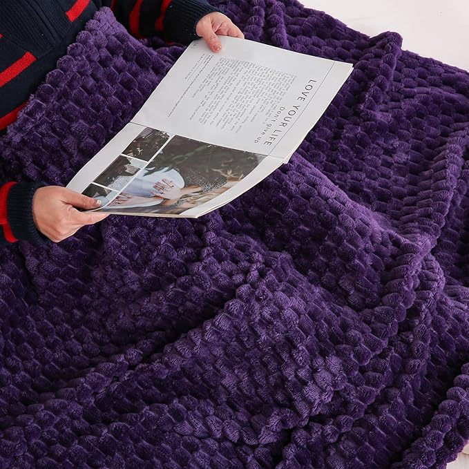 Puncuntex Deep Purple Throw Blanket 90"×90" inches Fuzzy 3D Jacquard Decorative - Image 5