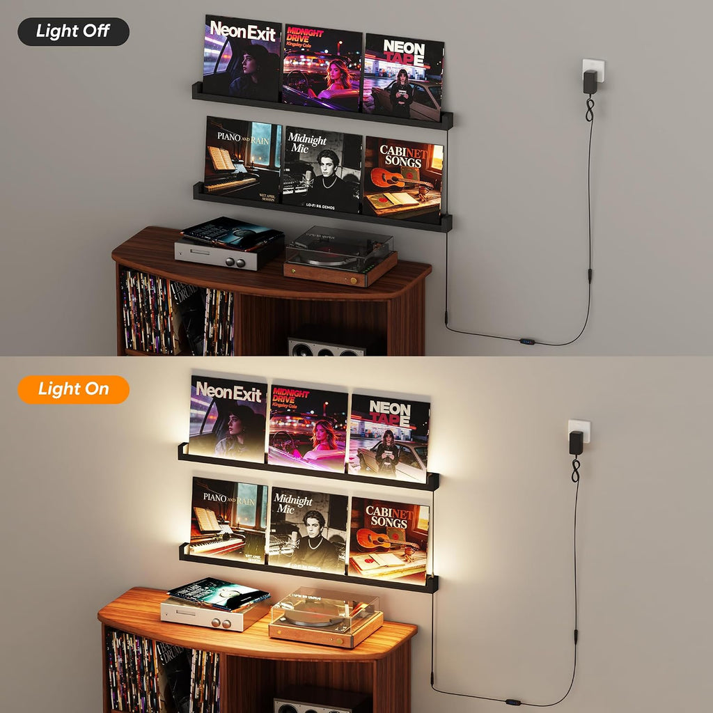 Vinyl Record Shelf Wall Mount with LED Lights