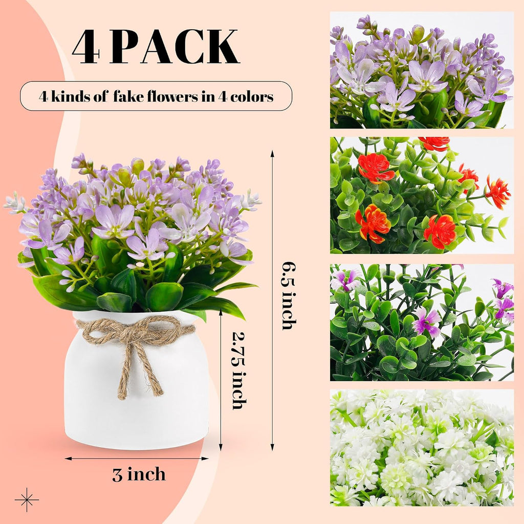 Der Rose 4 Pack Fake Flowers in Pots, Spring Summer Table Home Decor Indoor