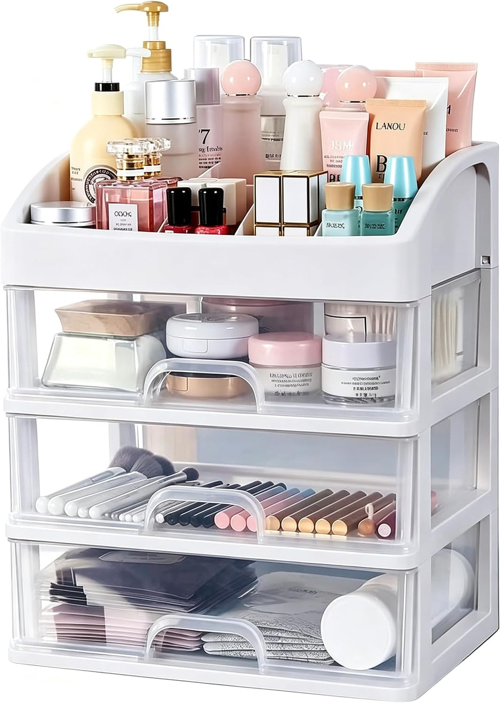 Makeup Organizer with 3 Drawers Plastic Storage for Vanity Cosmetic Display Cases Large Capacity Bathroom Countertop Plastic Storage for Skin Care Products(Arc Type)